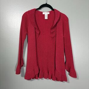 Nine West Women's Red & Gold Sparkle Ruffle Silk Cardigan Sweater - Size Small